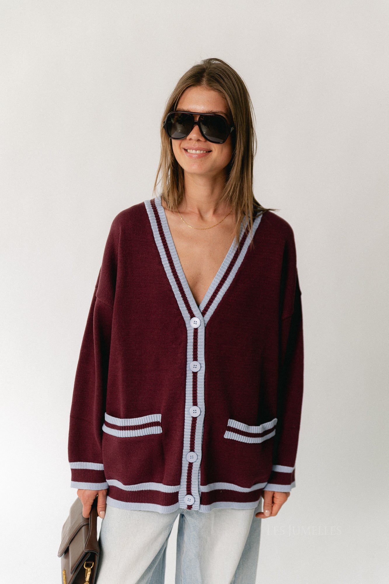 Sage cardigan burgundy/baby blue