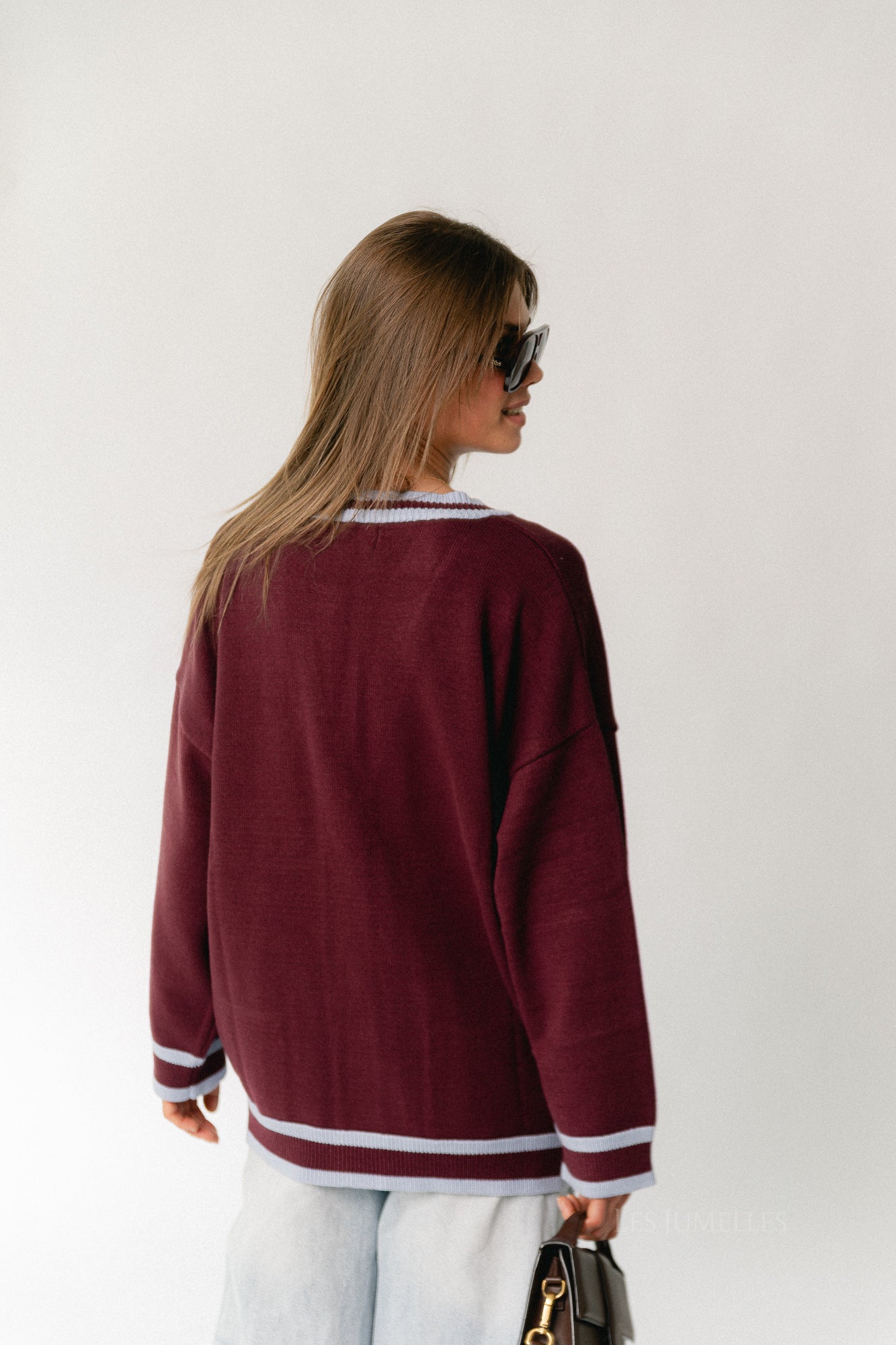 Sage cardigan burgundy/baby blue