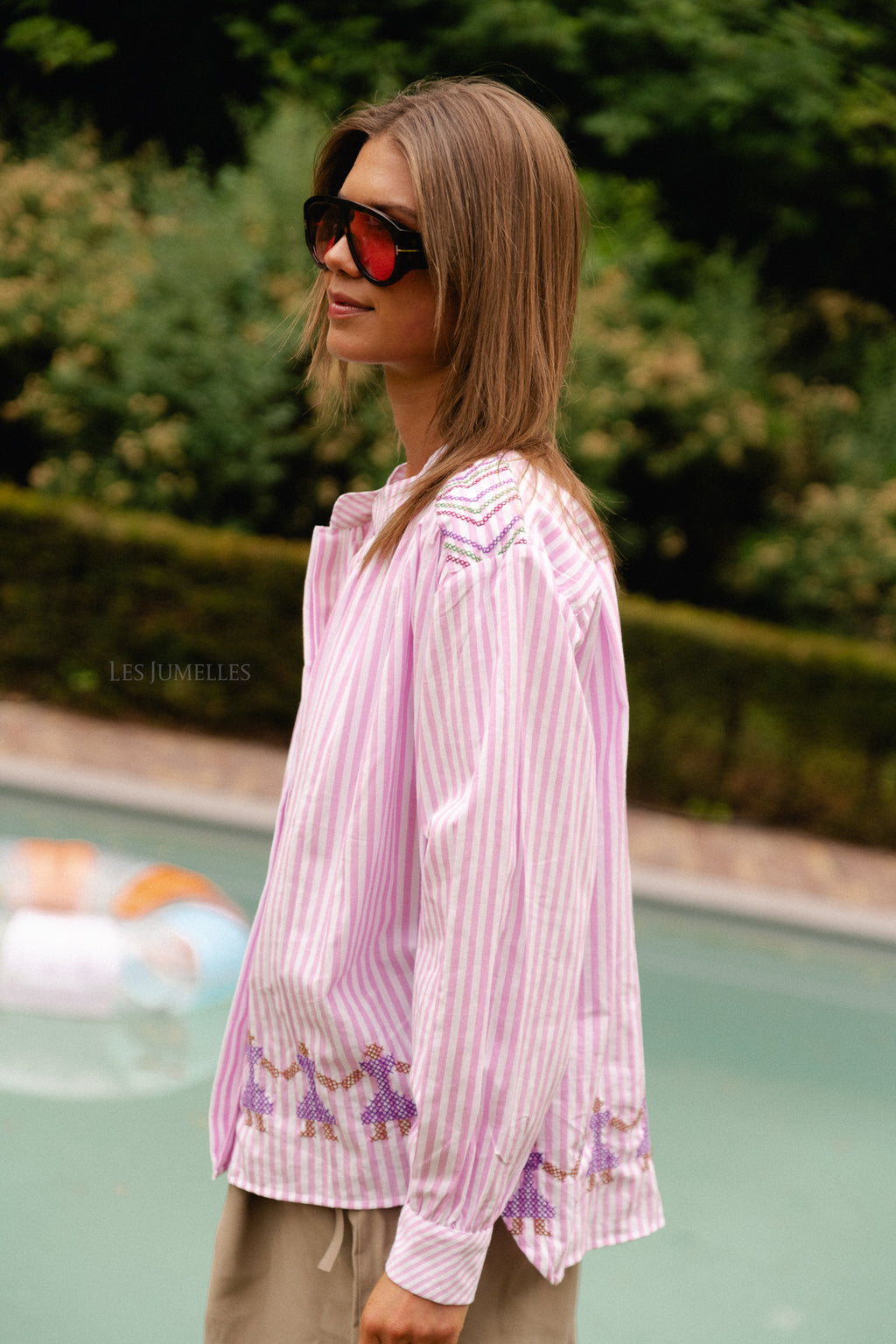 Capucine besticktes Hemd rosa Streifen