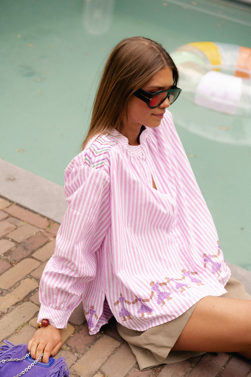 Capucine besticktes Hemd rosa Streifen