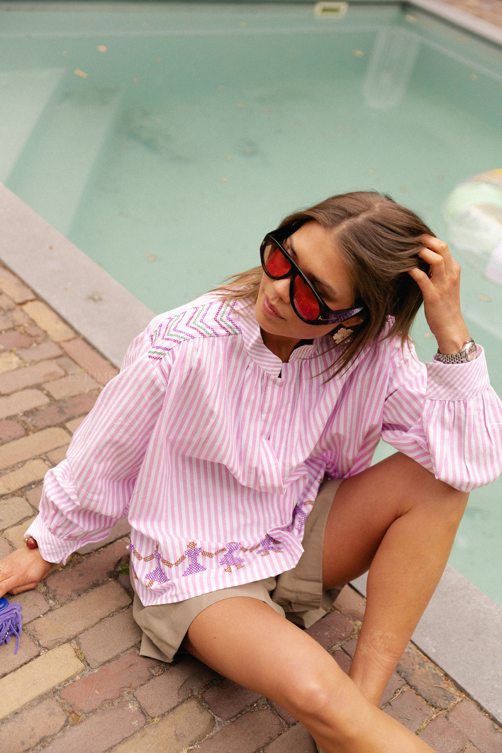 Capucine besticktes Hemd rosa Streifen