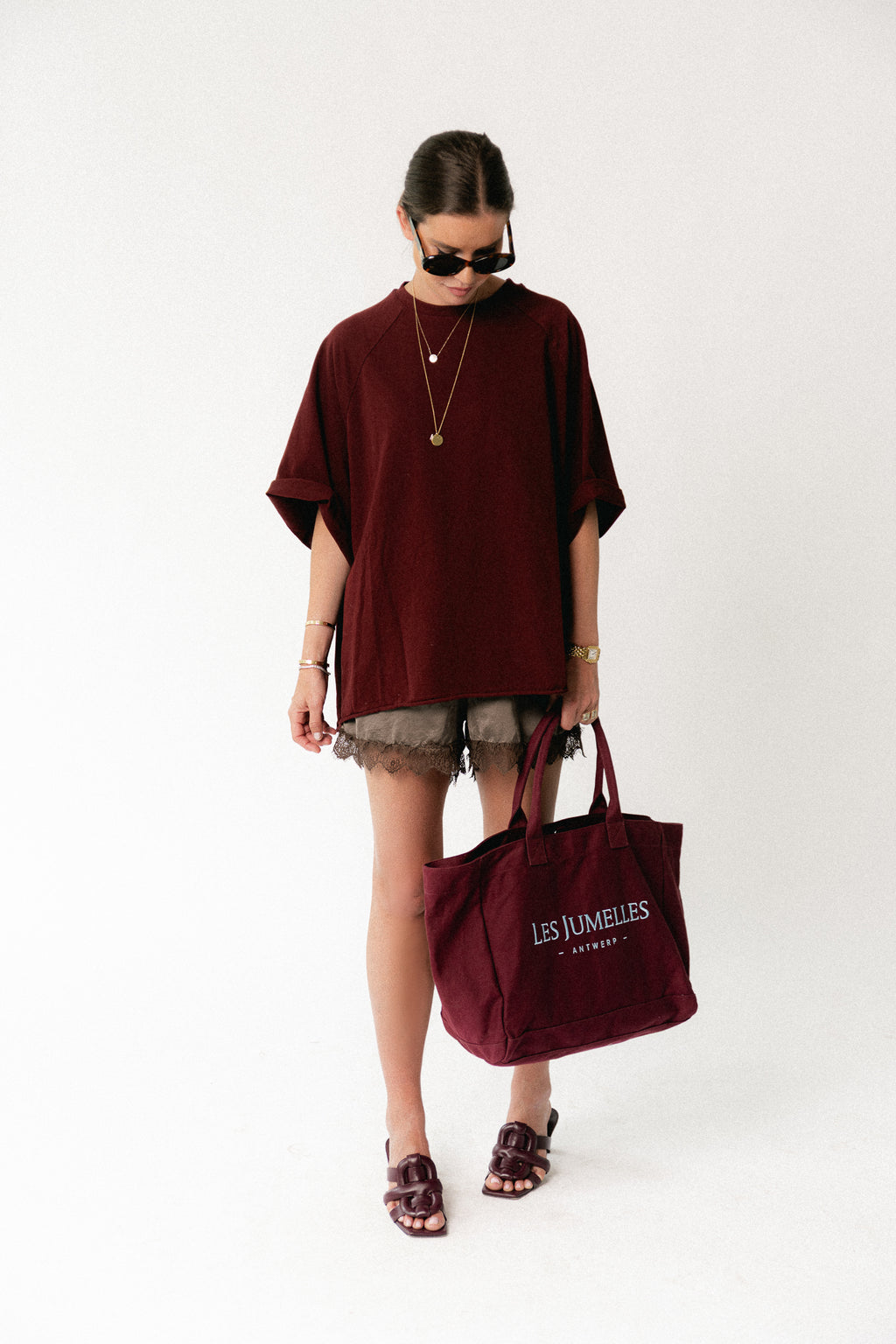 Les Jumelles totebag burgundy/baby blue