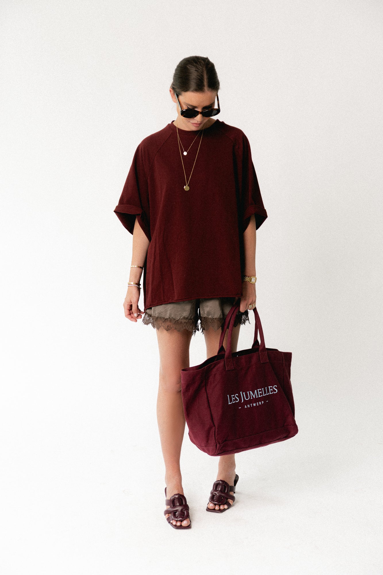 Les Jumelles totebag burgundy/baby blue