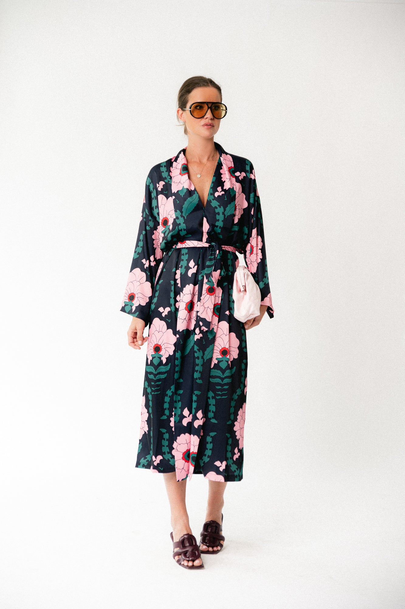 Palmer long printed dress navy/pink