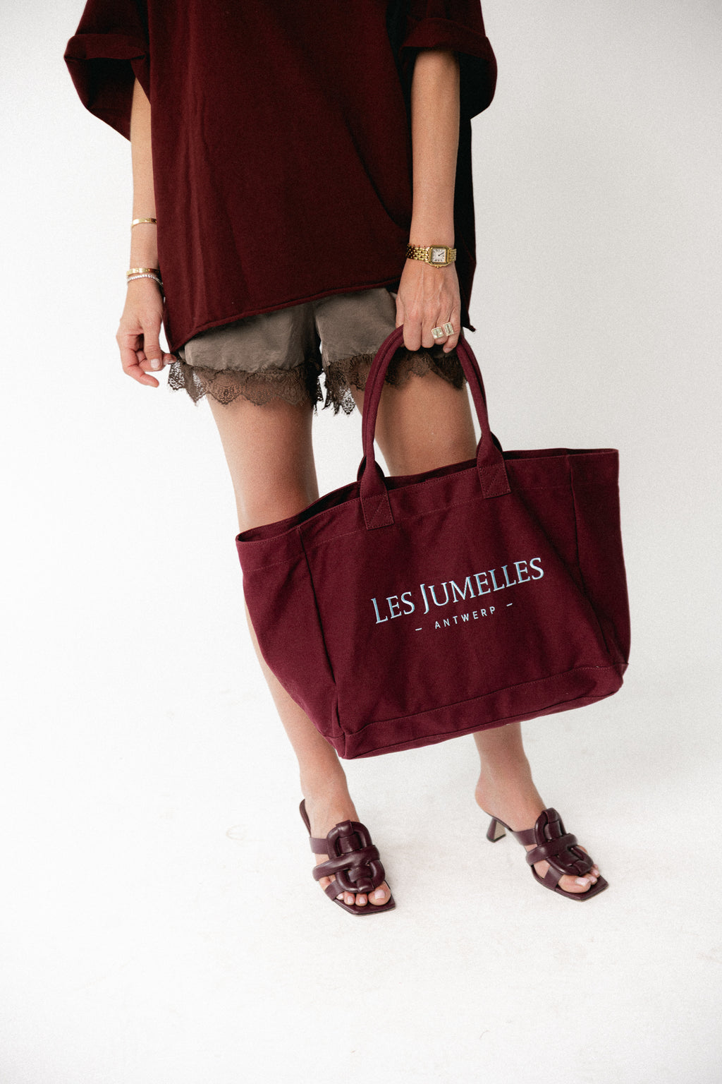 Les Jumelles totebag burgundy/baby blue