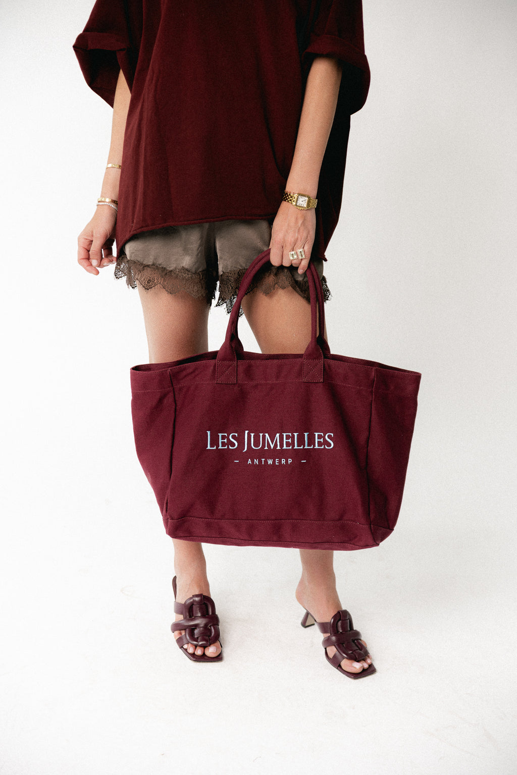 Les Jumelles totebag burgundy/baby blue