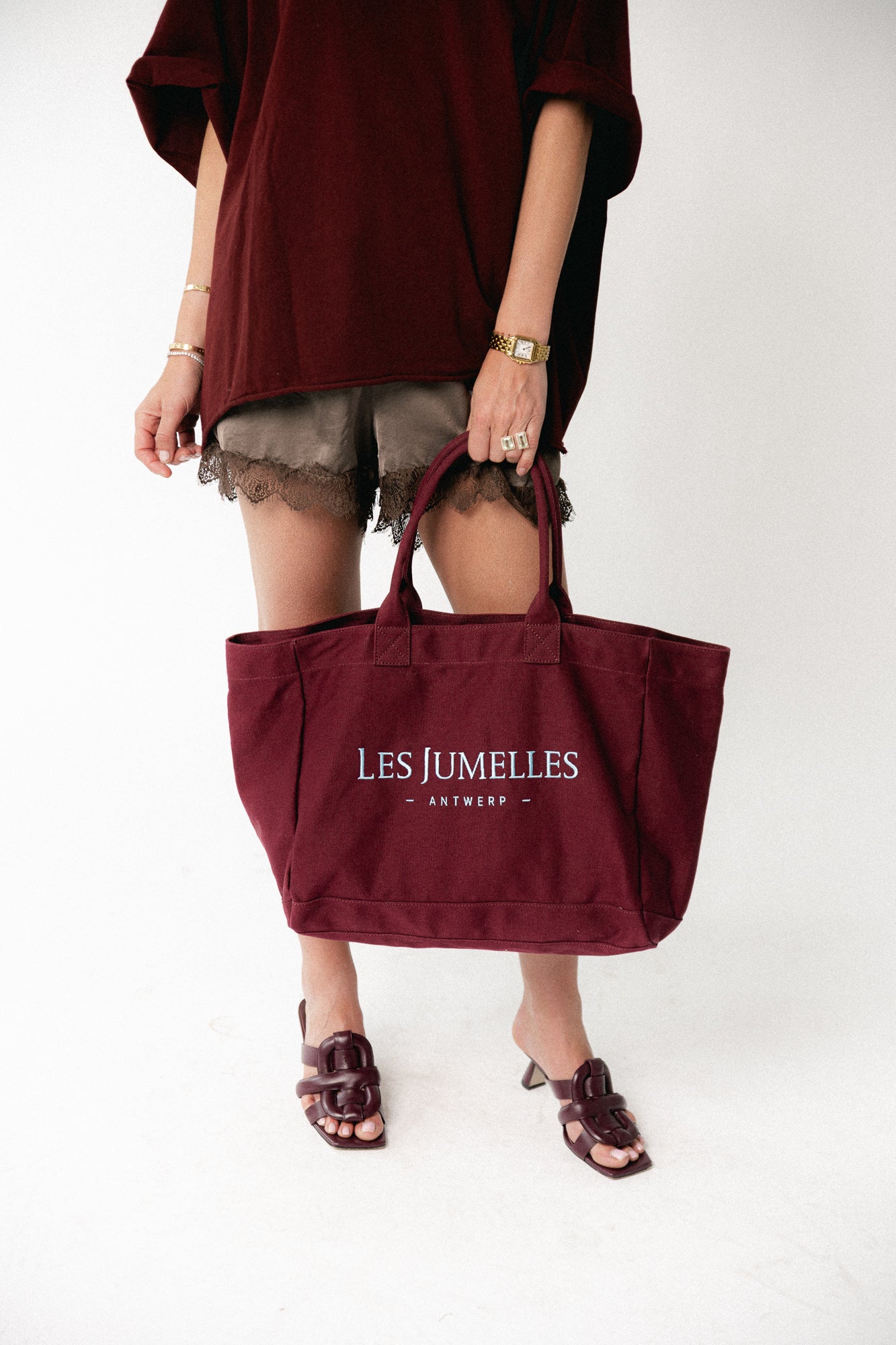 Les Jumelles totebag burgundy/baby blue
