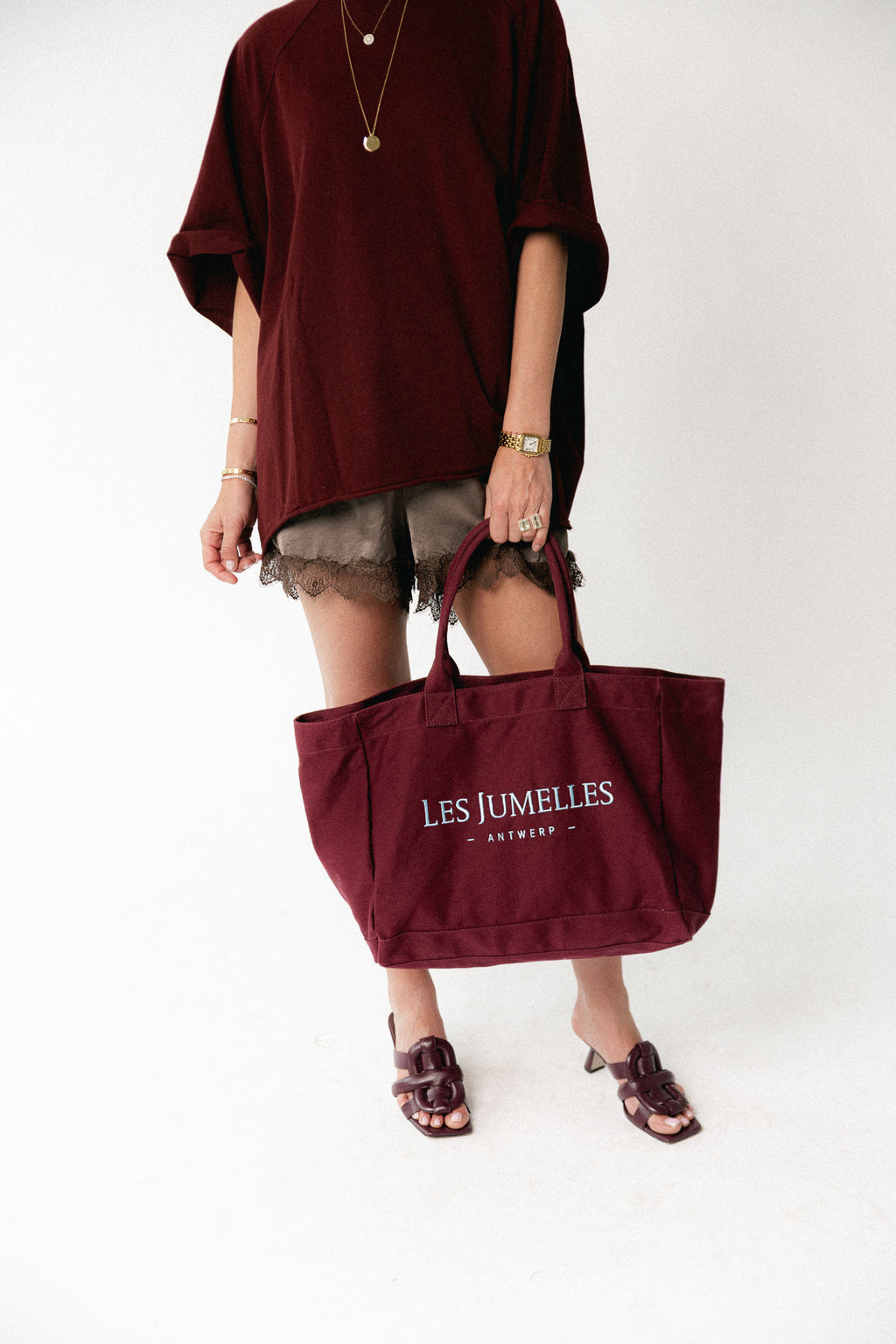 Les Jumelles totebag burgundy/baby blue