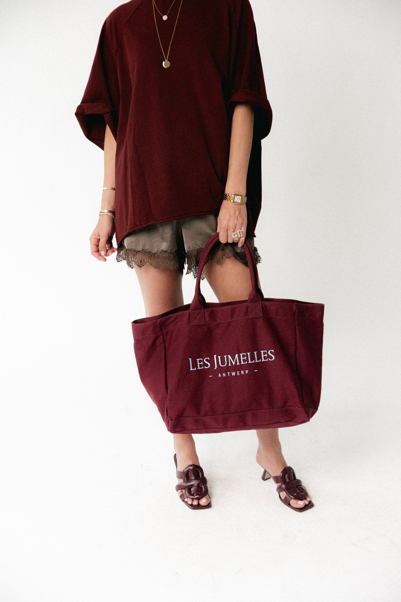 Les Jumelles totebag burgundy/baby blue