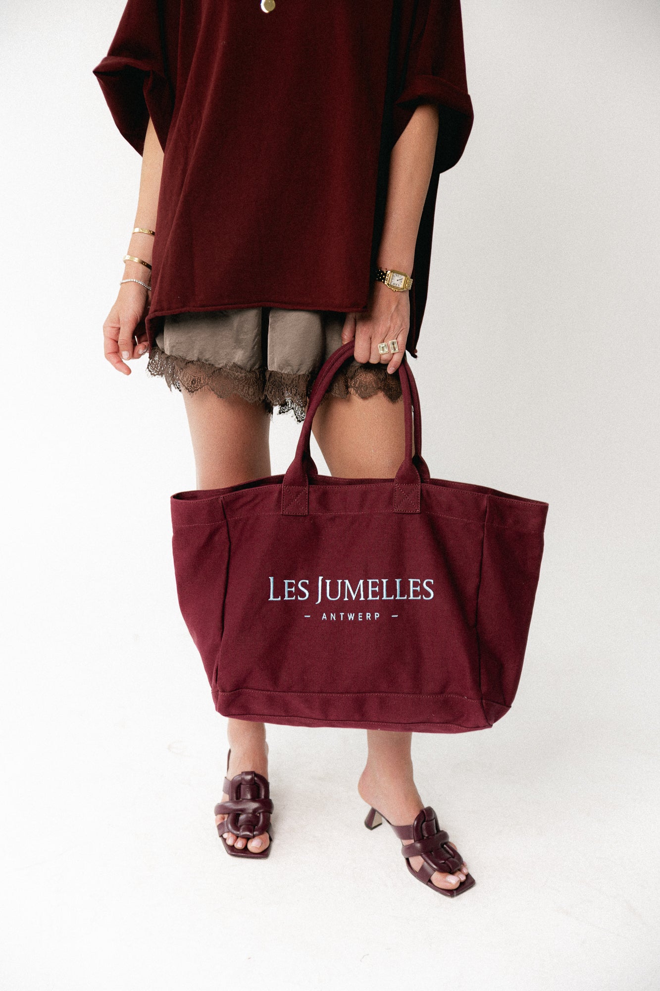 Les Jumelles totebag burgundy/baby blue