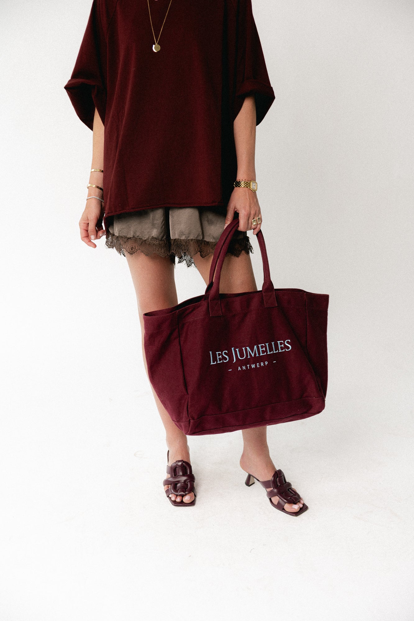 Les Jumelles totebag burgundy/baby blue