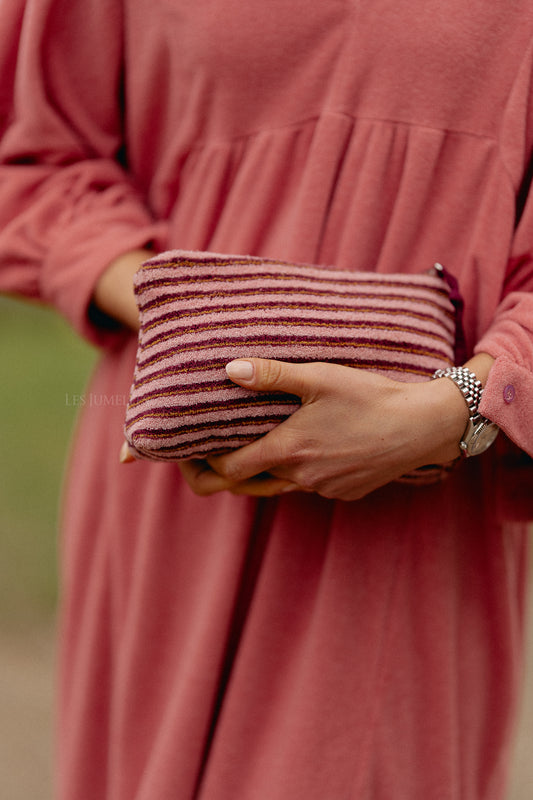 Les Jumelles Pia make-up bag pink/burgundy stripes