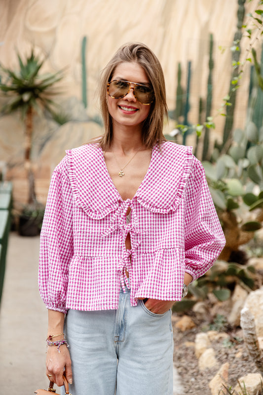 Les Jumelles Anna checkered blouse candy pink