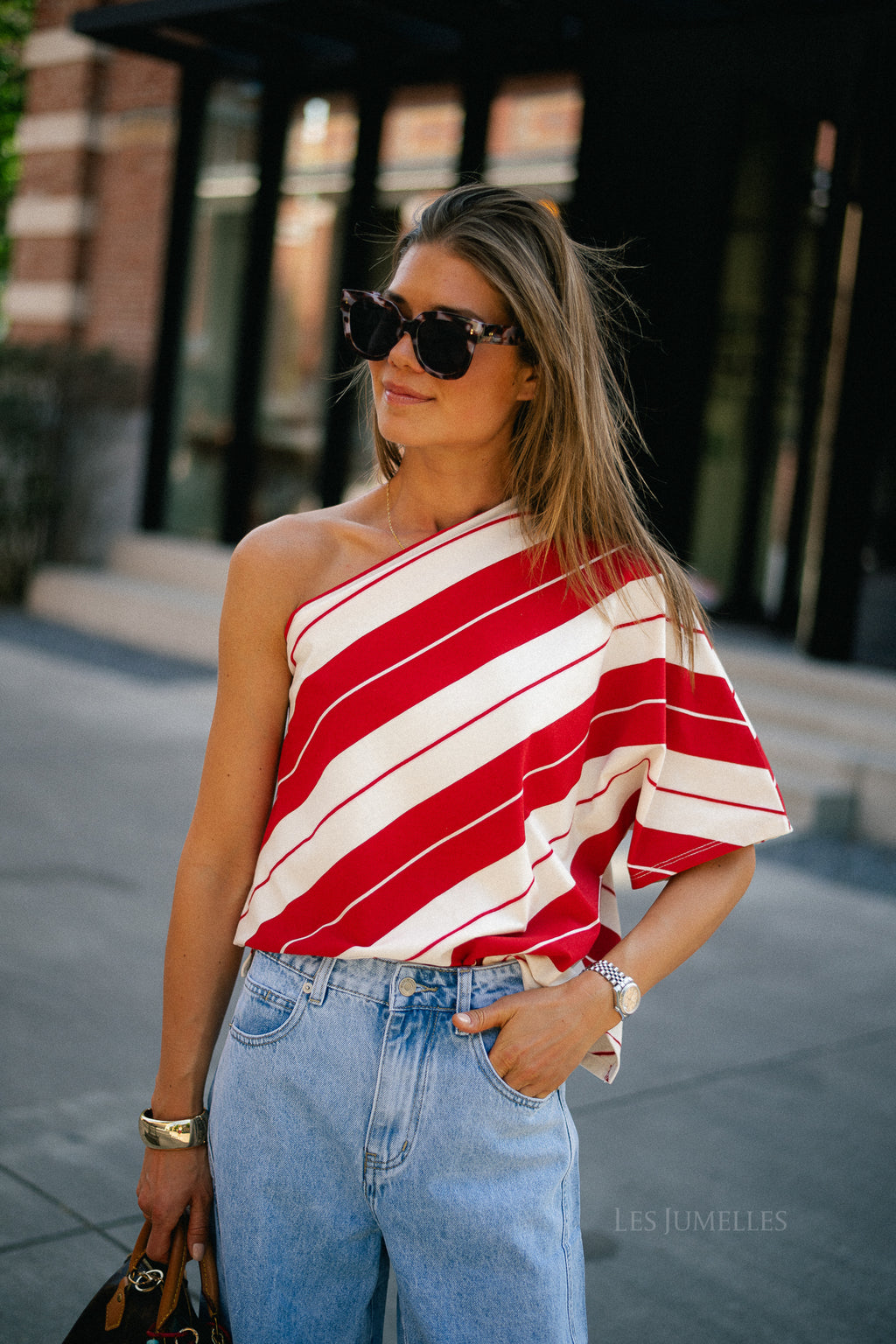 Amy striped one-shoulder shirt red/ecru