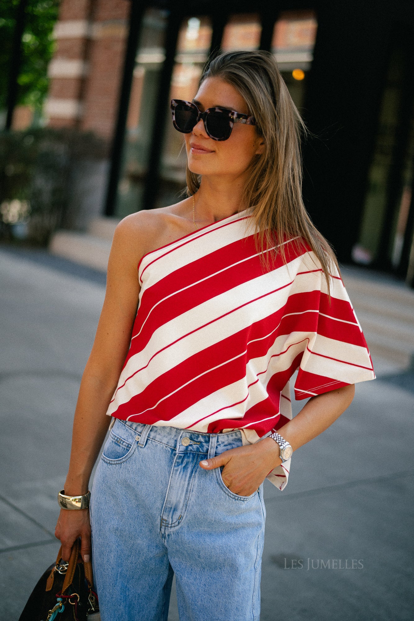 Amy striped one-shoulder shirt red/ecru