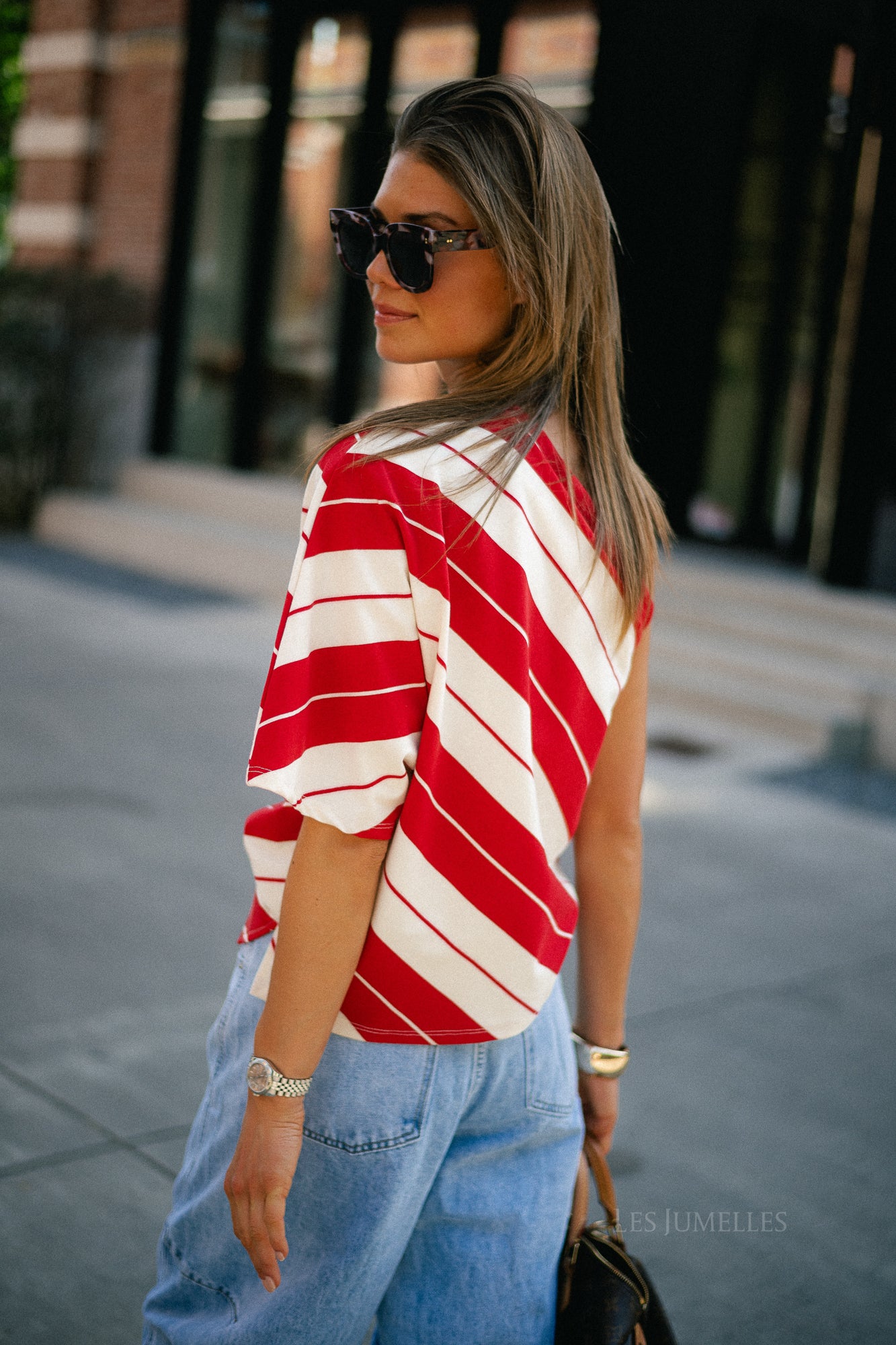 Amy striped one-shoulder shirt red/ecru