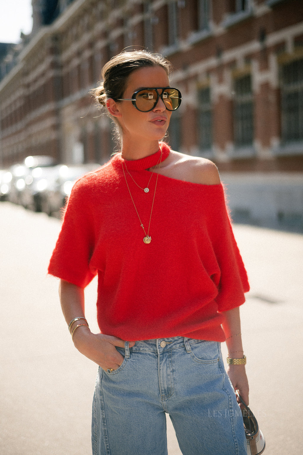 Beatrice open shoulder jumper fiery red