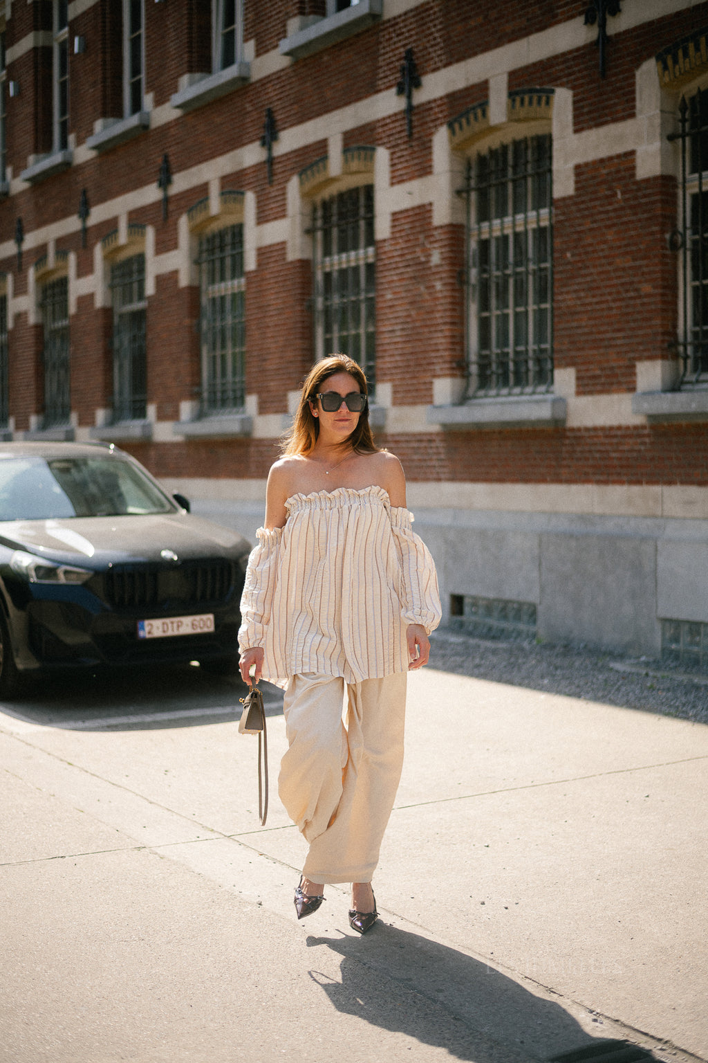 Ophelia off shoulder striped blouse ecru