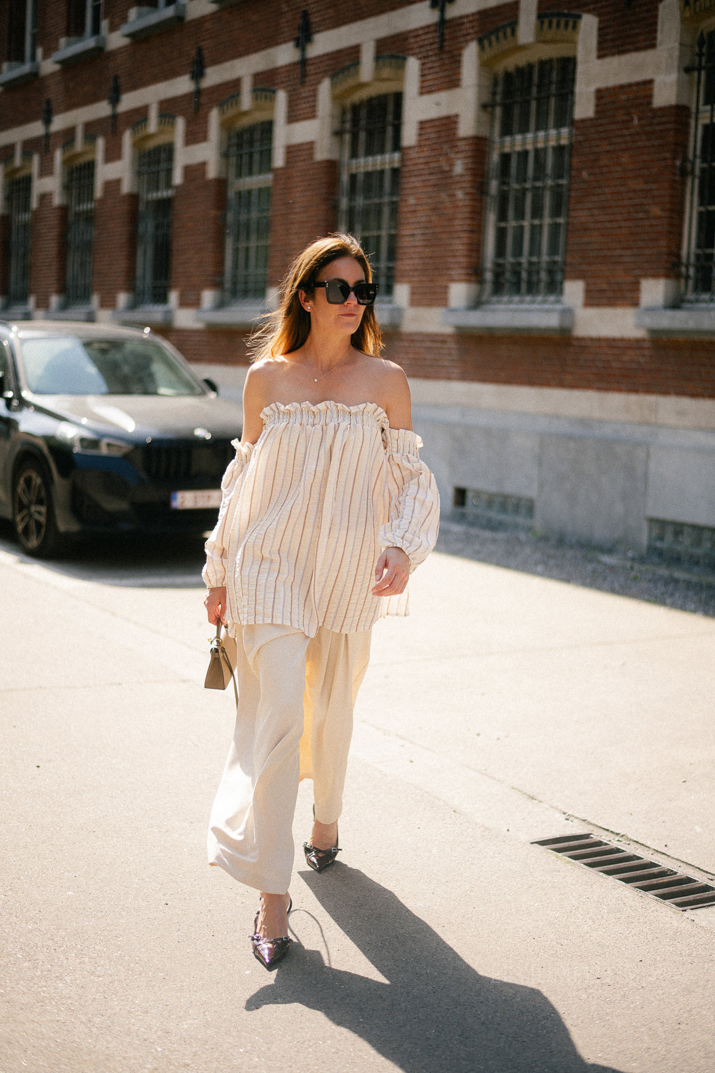 Ophelia off shoulder striped blouse ecru