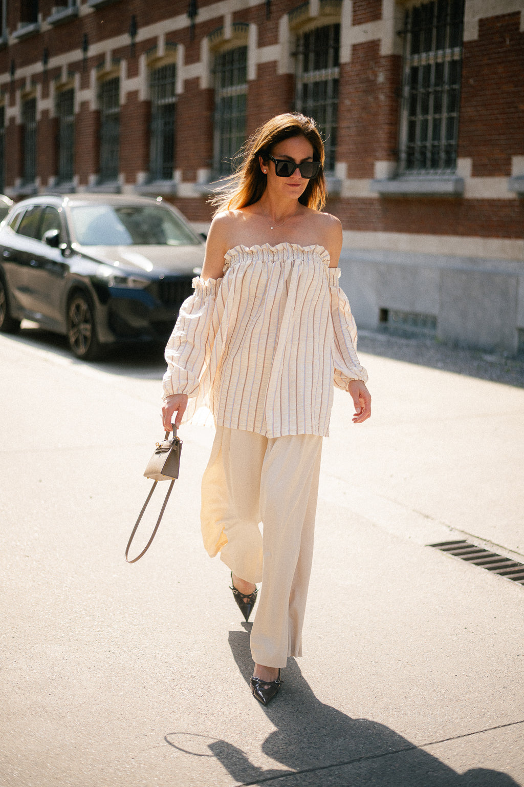Ophelia off shoulder striped blouse ecru