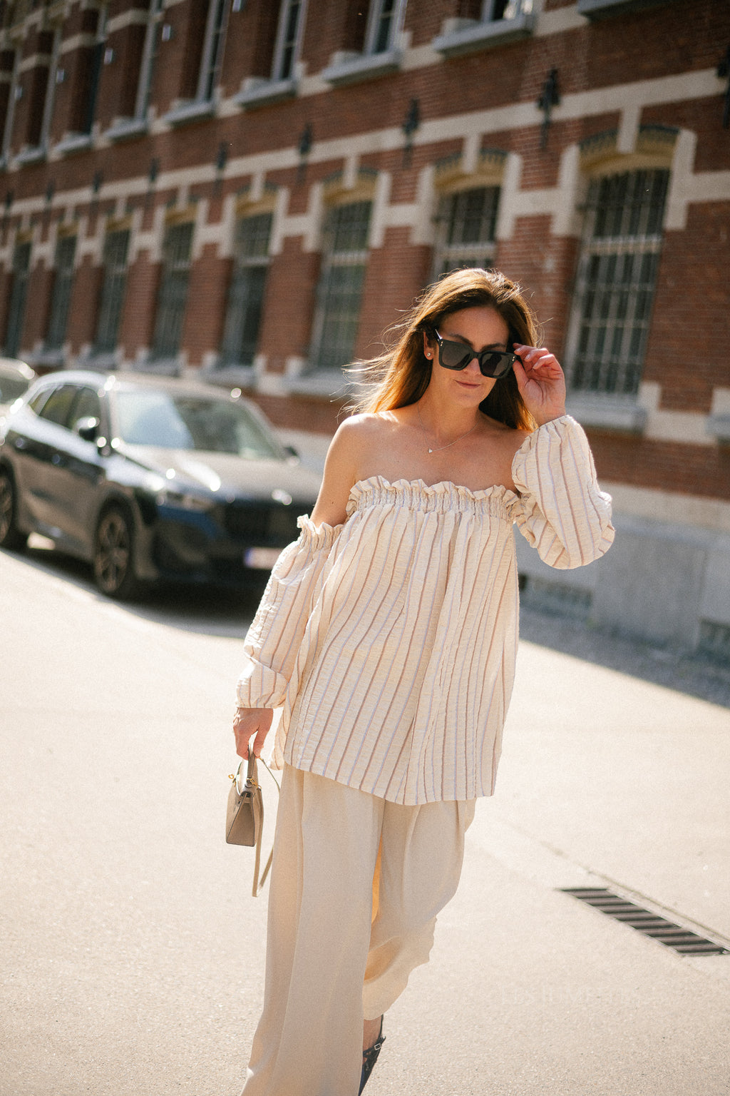 Ophelia off shoulder striped blouse ecru
