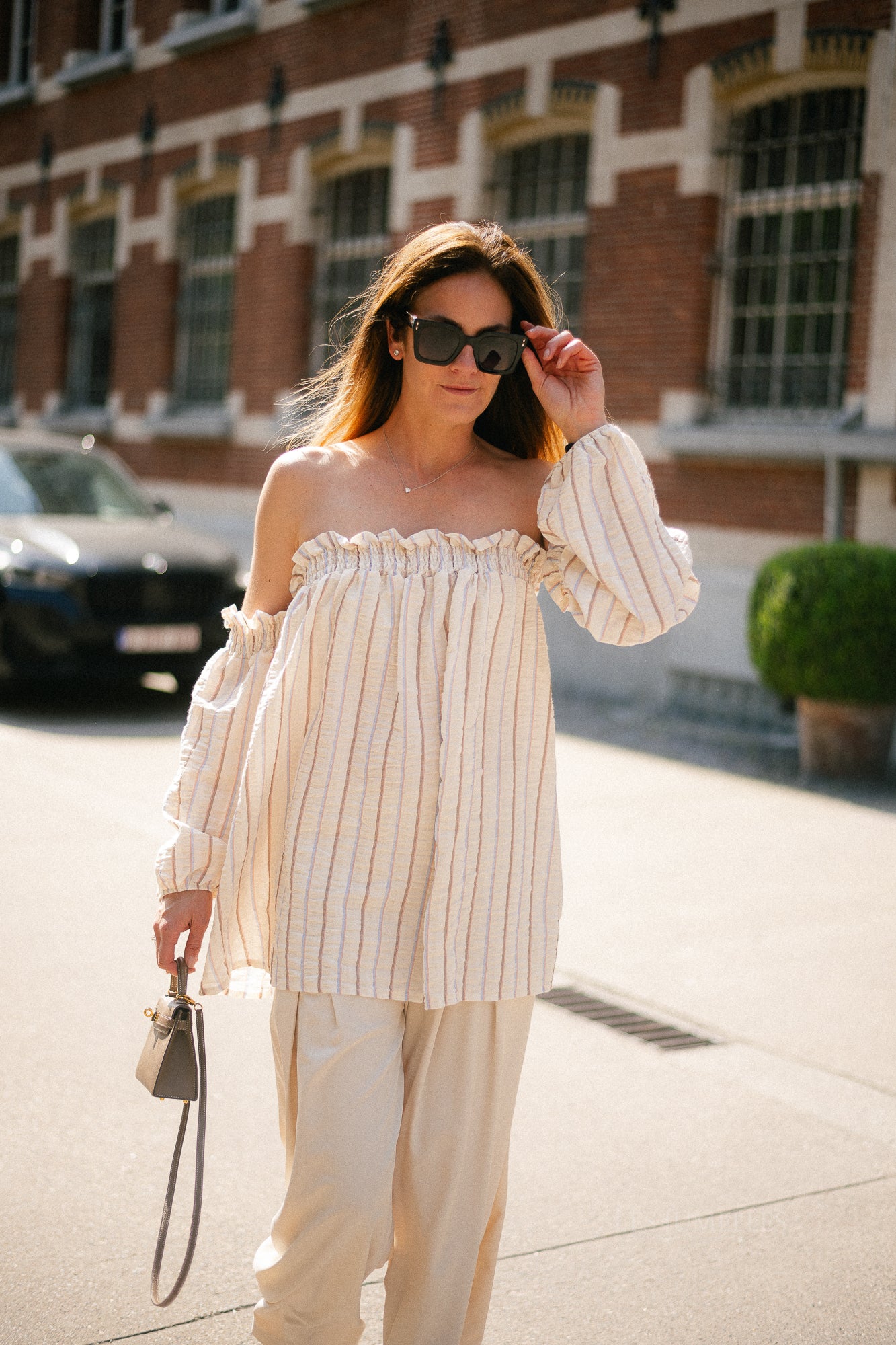 Ophelia off shoulder striped blouse ecru