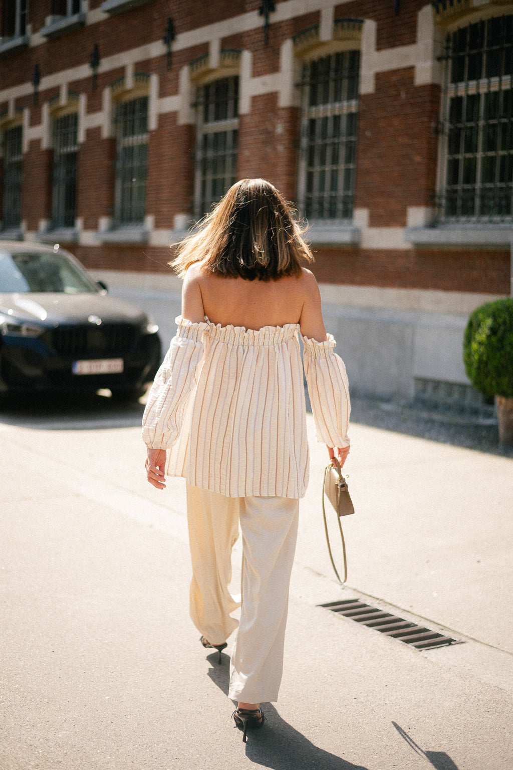 Ophelia off shoulder striped blouse ecru