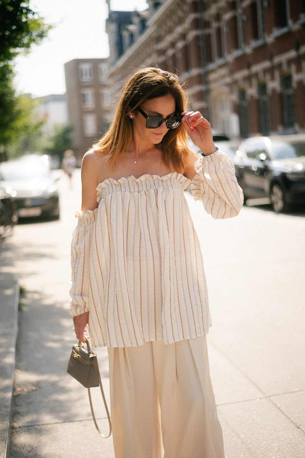 Ophelia off shoulder striped blouse ecru