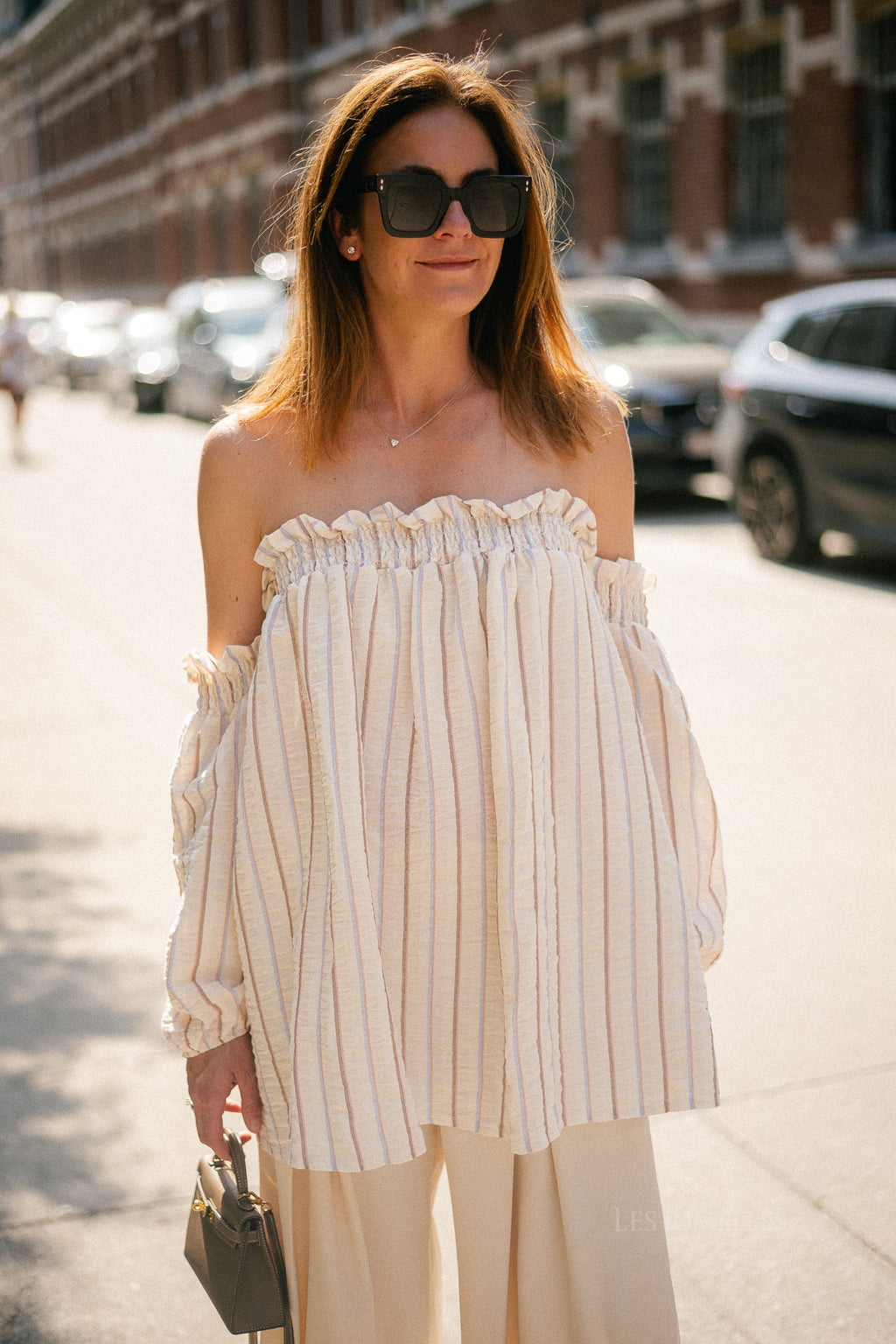 Ophelia off shoulder striped blouse ecru