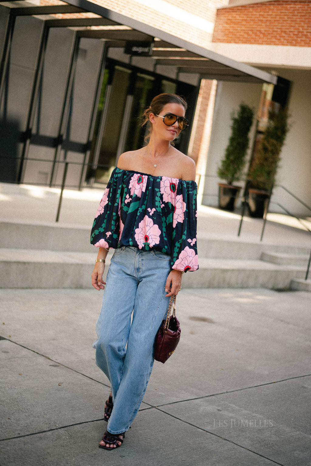 Rumi printed off shoulder blouse navy/pink