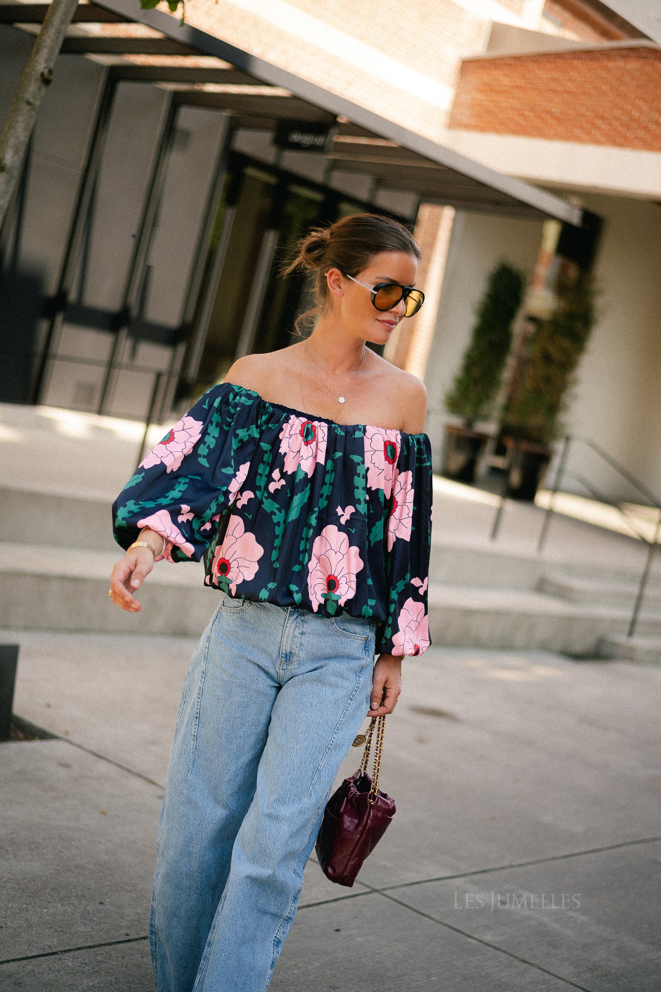 Rumi printed off shoulder blouse navy/pink