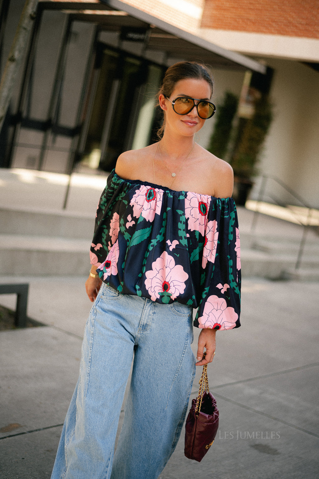 Rumi printed off shoulder blouse navy/pink