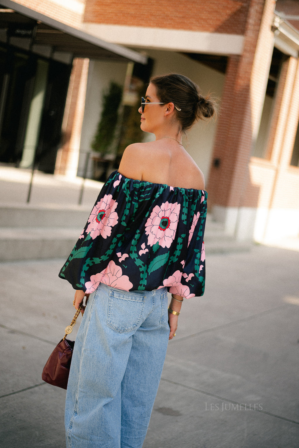 Rumi printed off shoulder blouse navy/pink