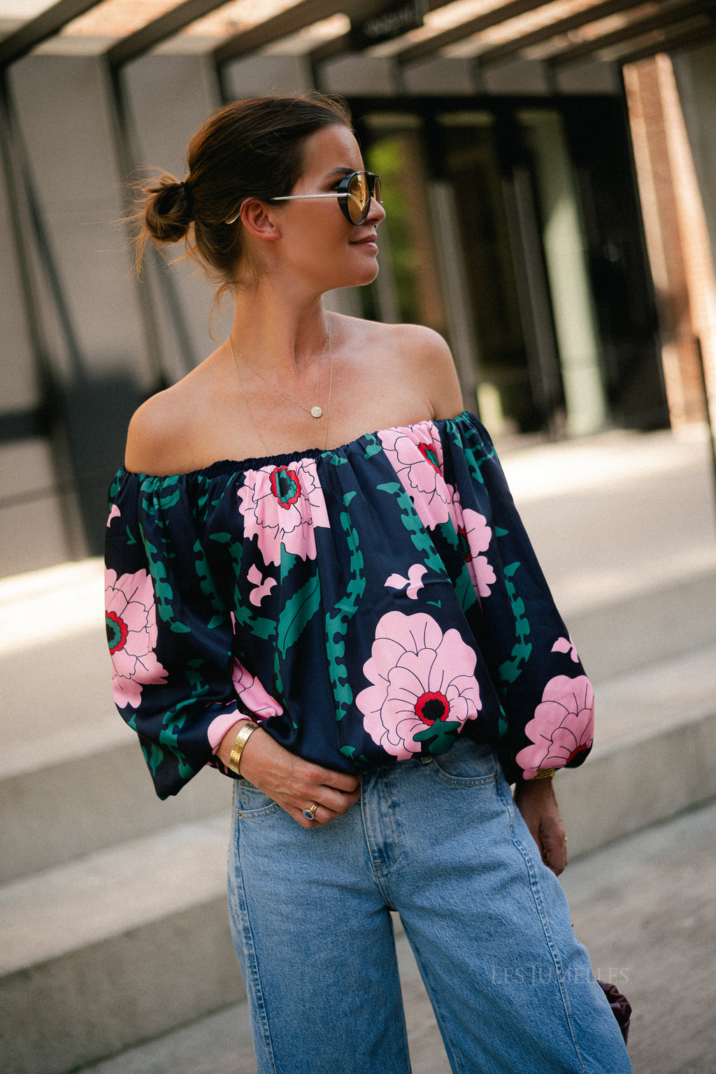 Rumi printed off shoulder blouse navy/pink