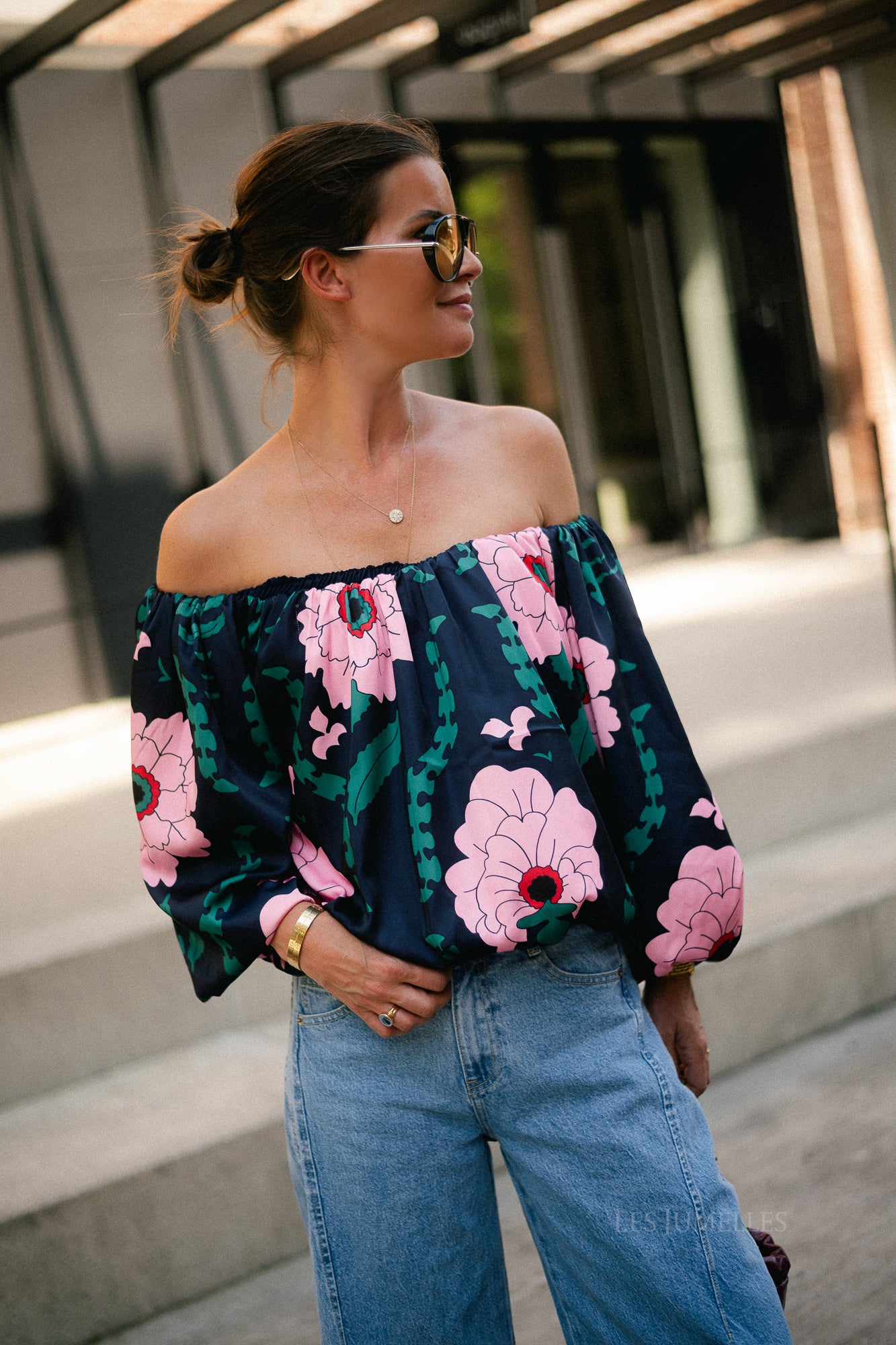 Rumi printed off shoulder blouse navy/pink