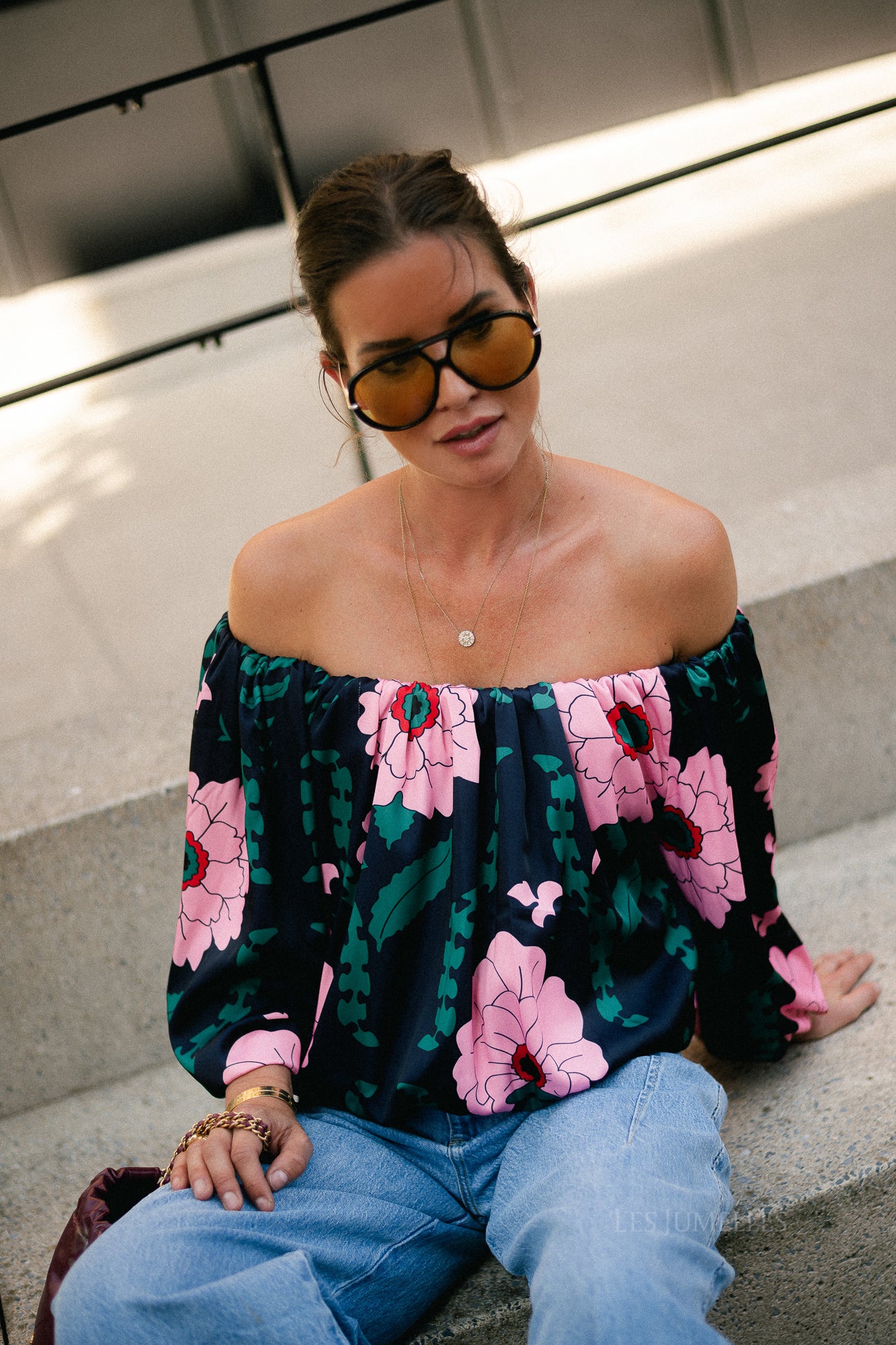 Rumi printed off shoulder blouse navy/pink