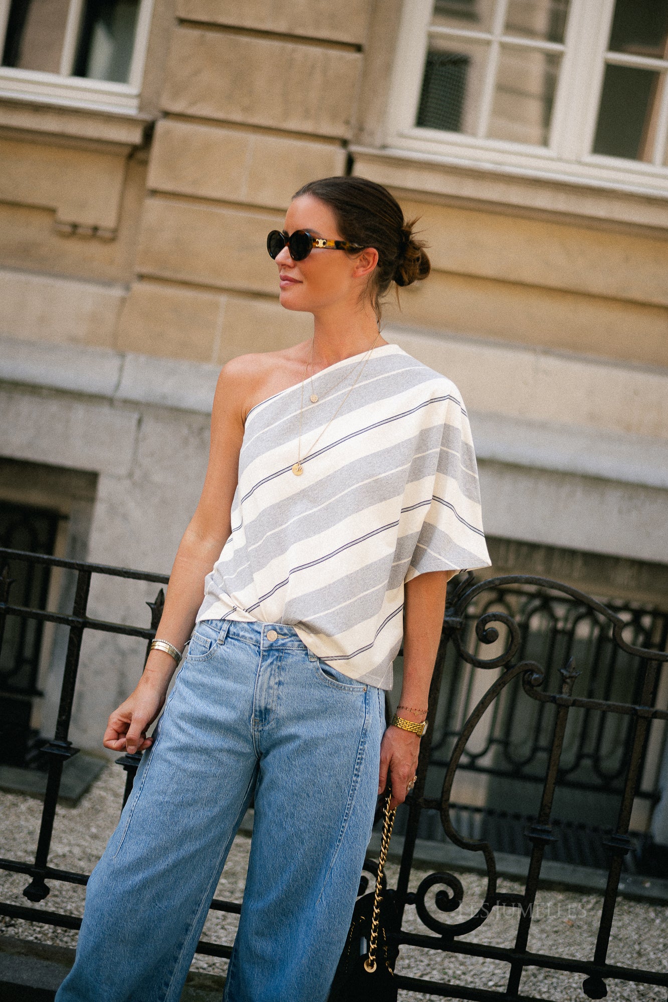 Amy striped one-shoulder shirt grey melange/ecru