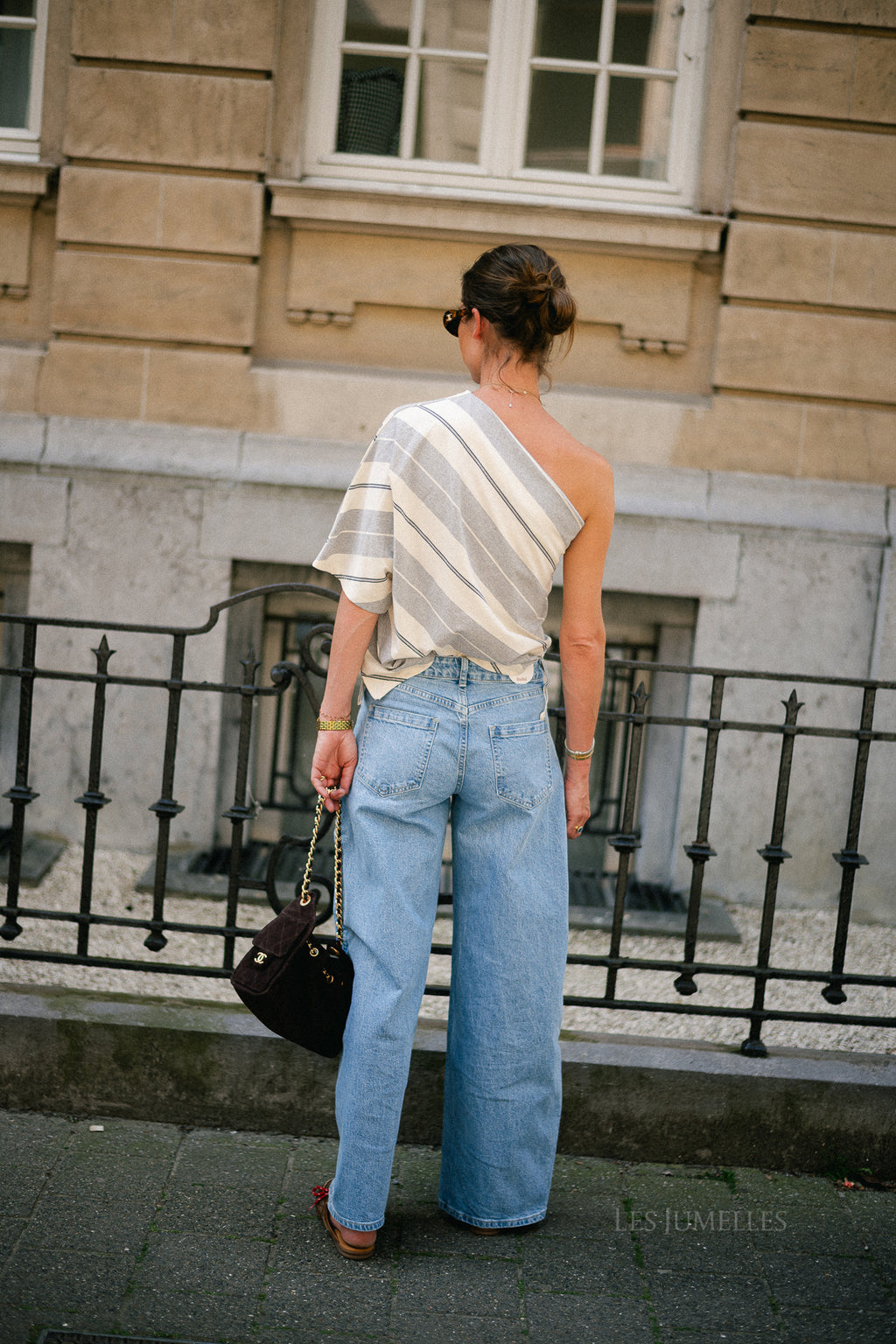 Amy striped one-shoulder shirt grey melange/ecru