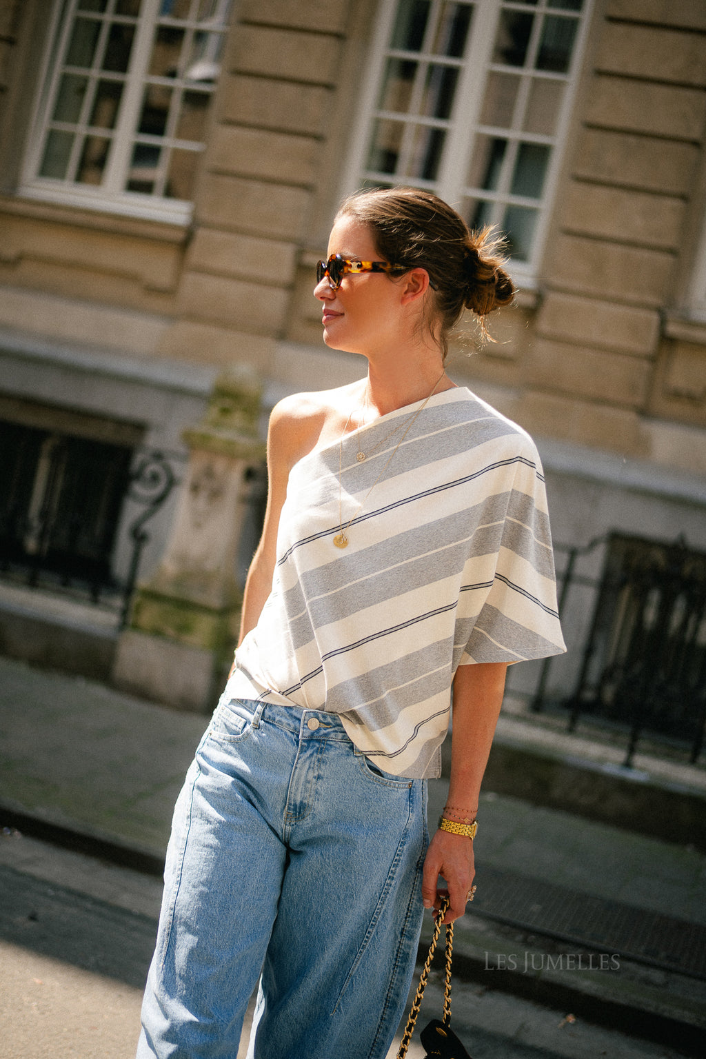 Amy striped one-shoulder shirt grey melange/ecru