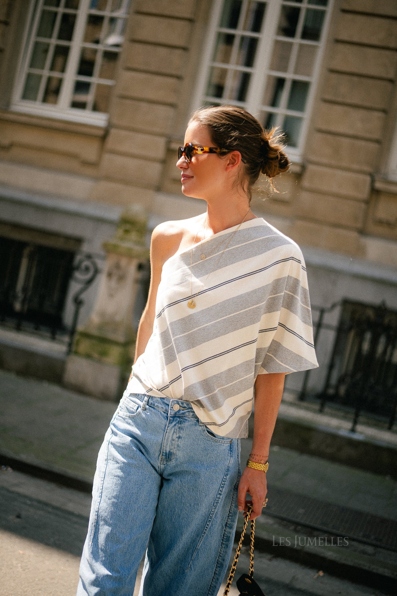 Amy striped one-shoulder shirt grey melange/ecru