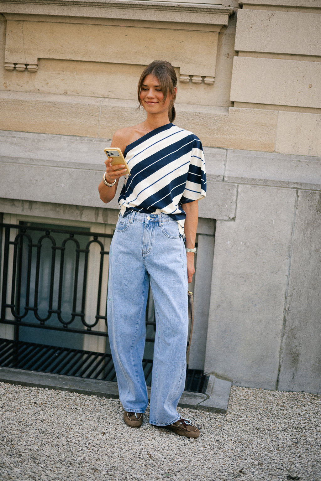 Amy striped one-shoulder shirt navy/ecru