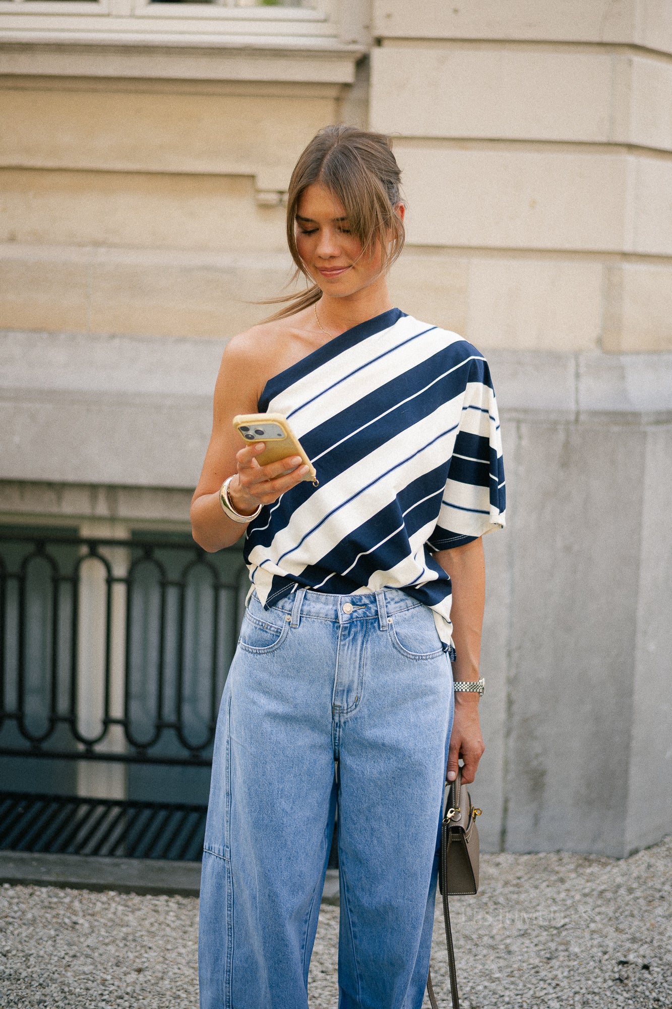 Amy striped one-shoulder shirt navy/ecru