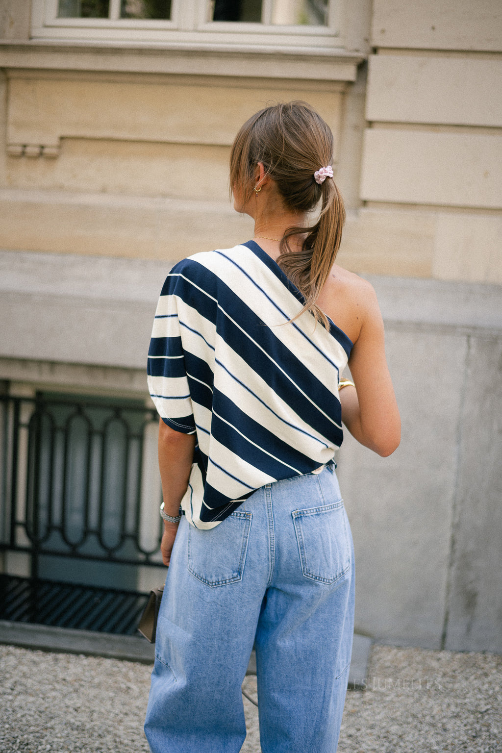 Amy striped one-shoulder shirt navy/ecru