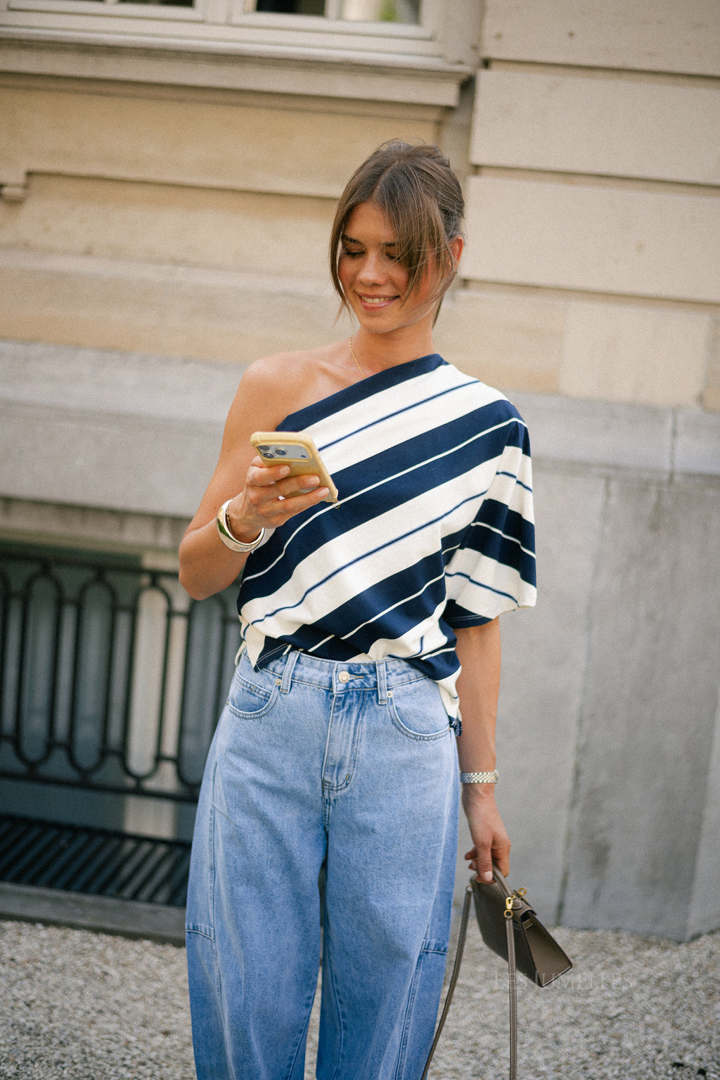 Amy striped one-shoulder shirt navy/ecru