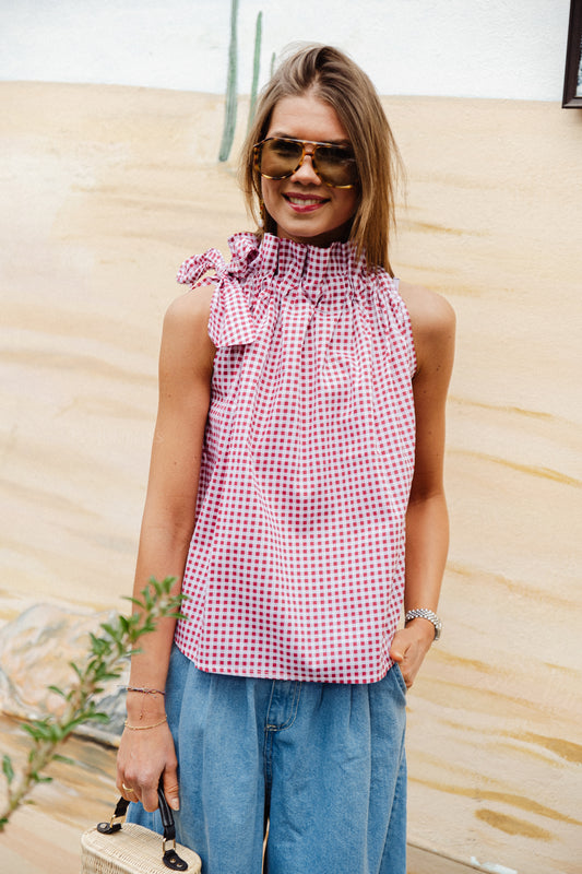 Les Jumelles Elise checkered top red