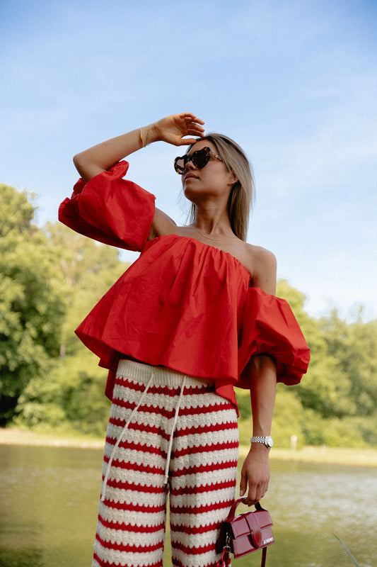 Les Jumelles Fran off shoulder cropped blouse coral