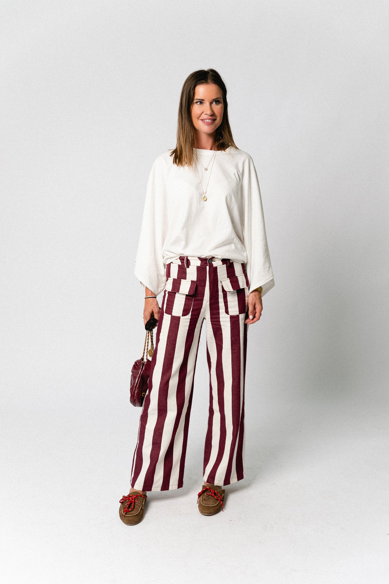 Lena striped pants burgundy/ecru