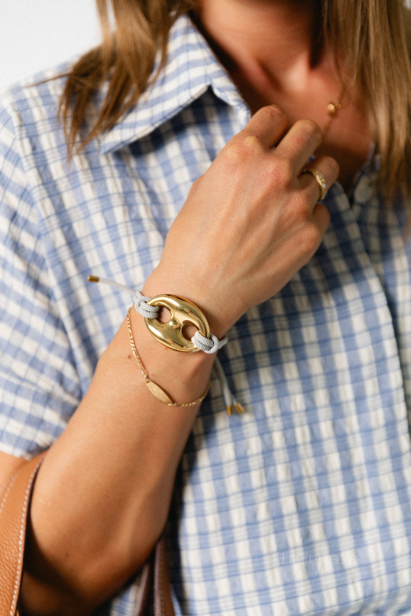 Cord bracelet with button detail light grey