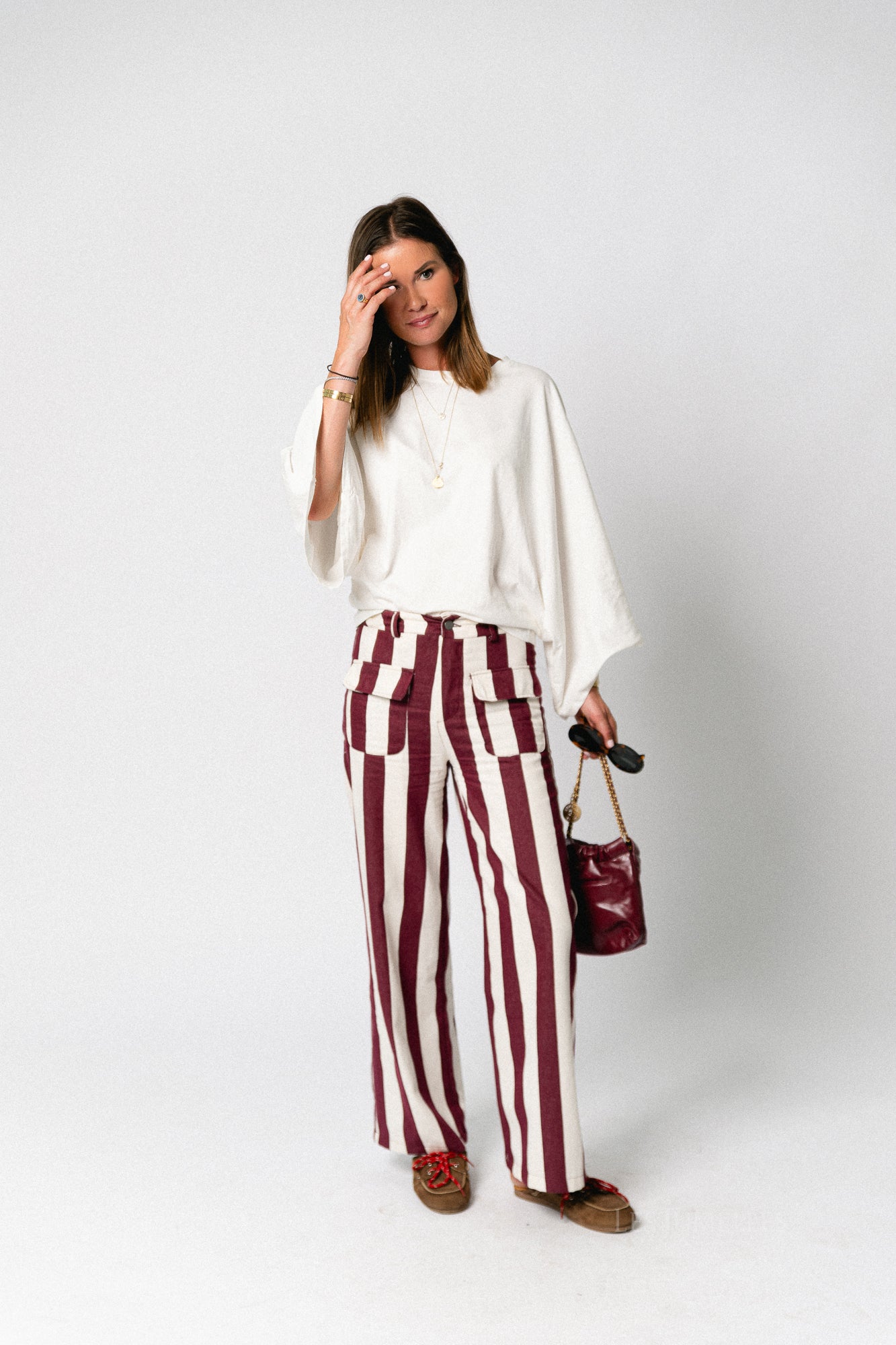 Lena striped pants burgundy/ecru