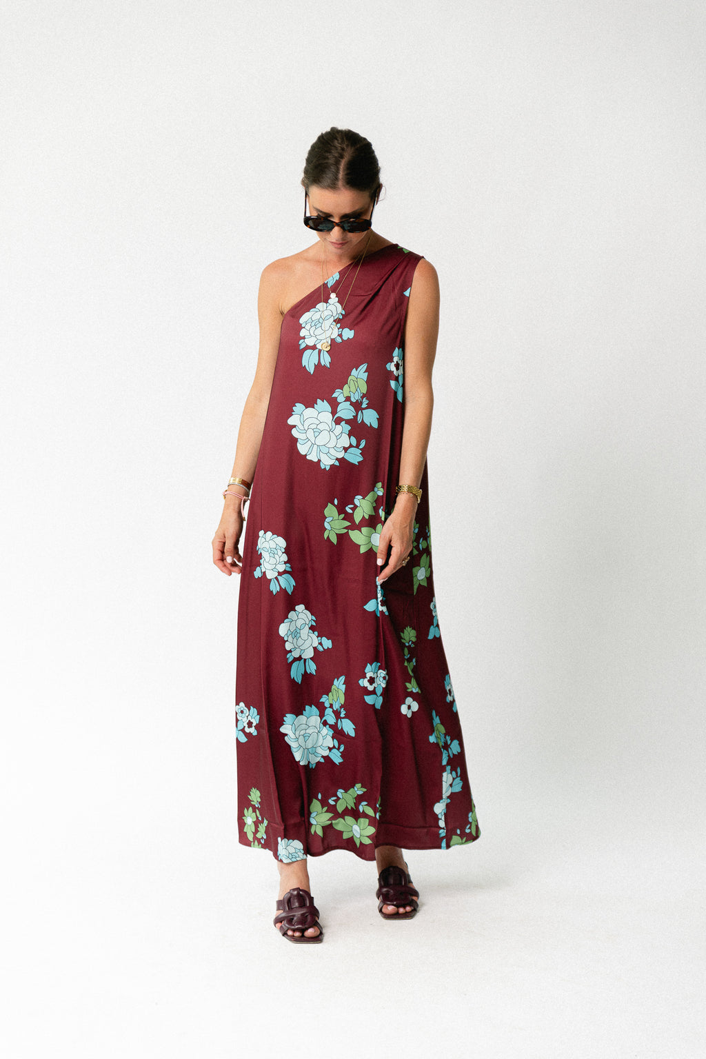 Nia one shoulder printed dress burgundy/hydrangea blue